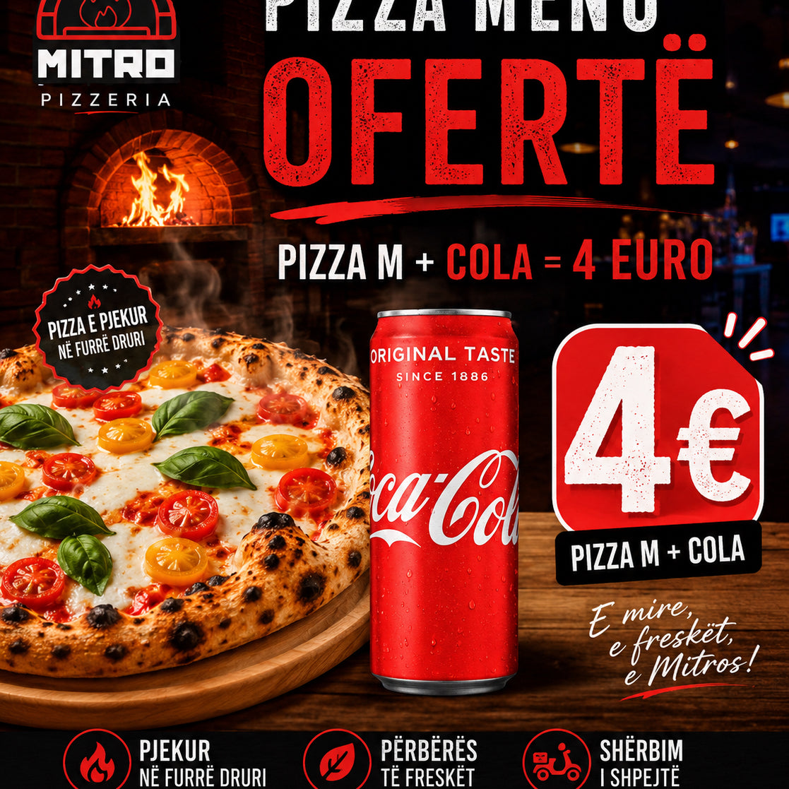 Promotional poster for Mitro Pizzeria with a pizza and Coca-Cola can, featuring a pizza menu offer.